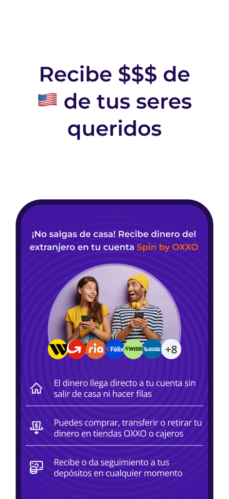 Interfaz de la app Spin by OXXO mostrando transferencia de dinero internacional desde EE. UU.
