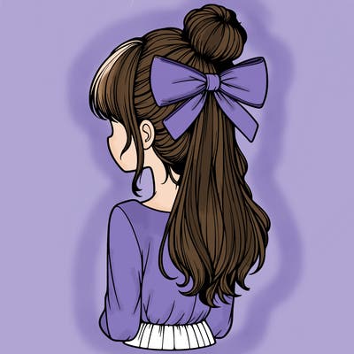 realistic girl  with hip length hair a bun and a big bow on the back of head