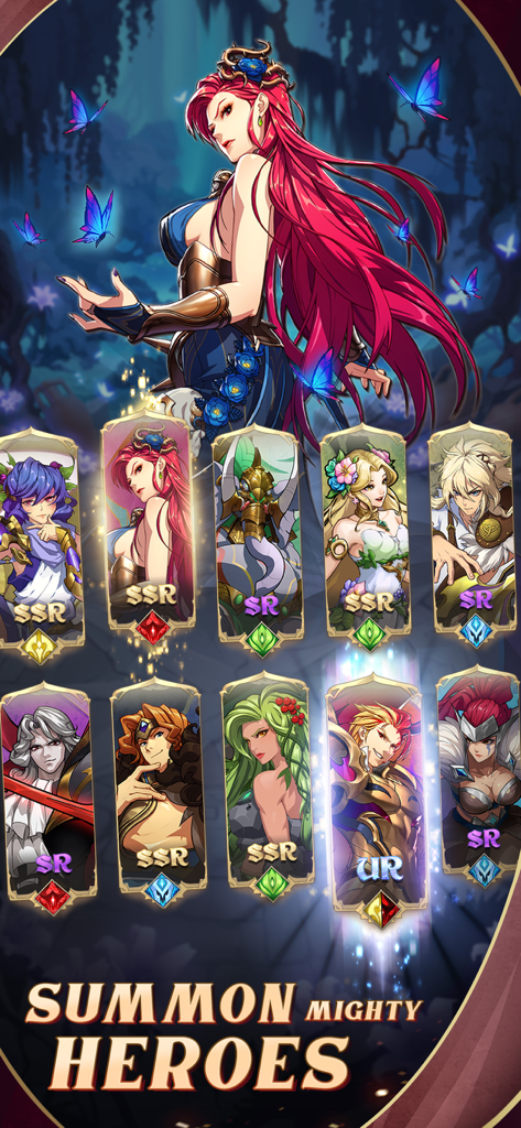 Mythic Heroes: Idle RPG - Mythic Heroes summoning screen showcasing various anime-style hero cards with rarity tiers