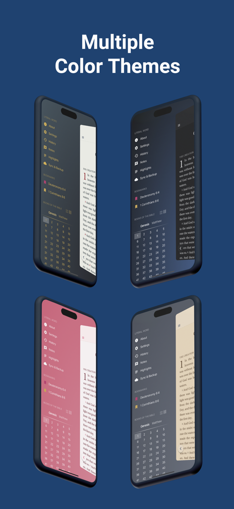 Four mobile screens displaying different color themes for the Literal Word Bible app interface.