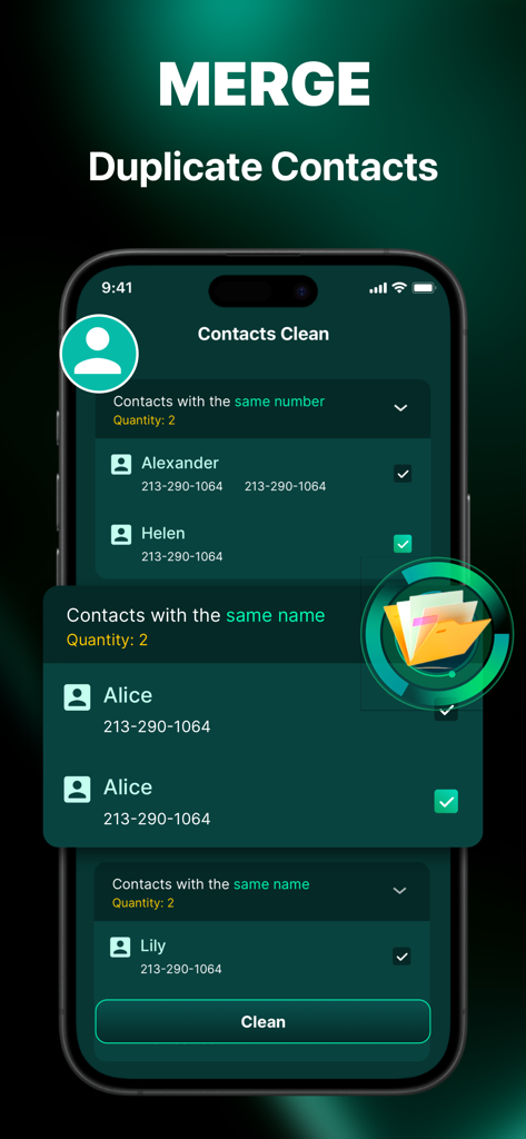 Pics Clean:Similar Photo Clean - User interface of the Pics Clean app showing the feature to merge duplicate contacts on an iPhone