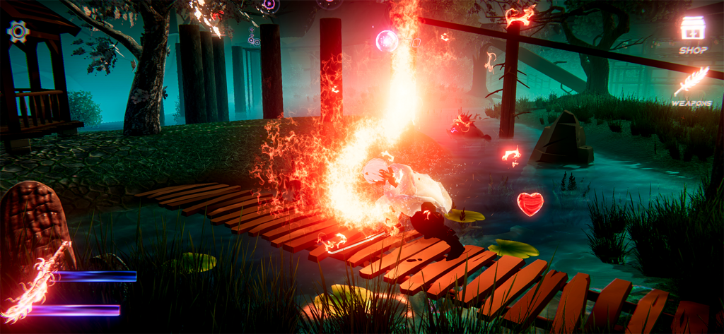 Demon RPG God. Hunter Blade 3D - A ninja character performing a fiery attack on a wooden bridge in a dark mystical forest.