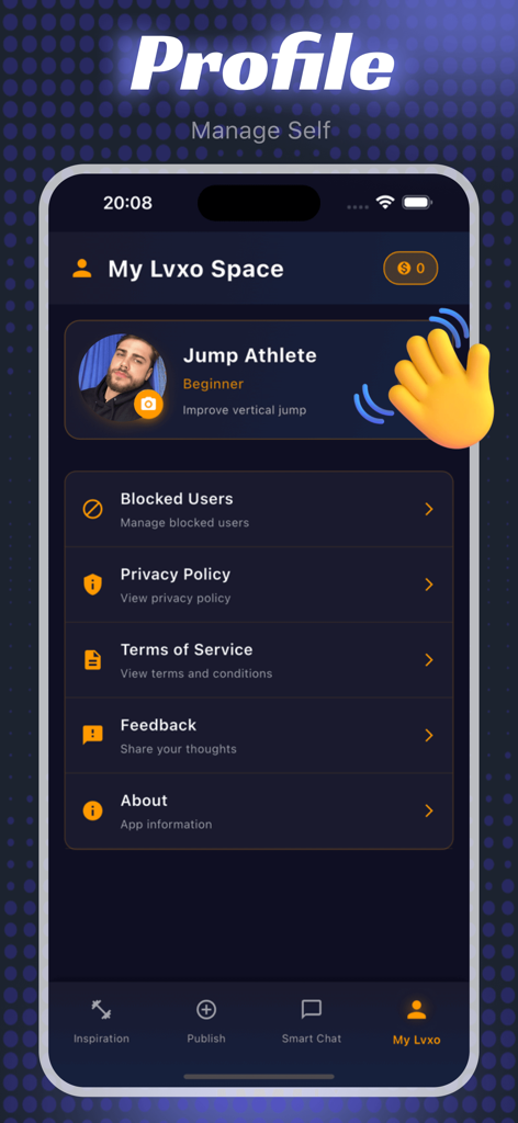 Lvxo - Exercise & Enjoy - User profile screen of the Lvxo jump training app showing athlete settings and account management options