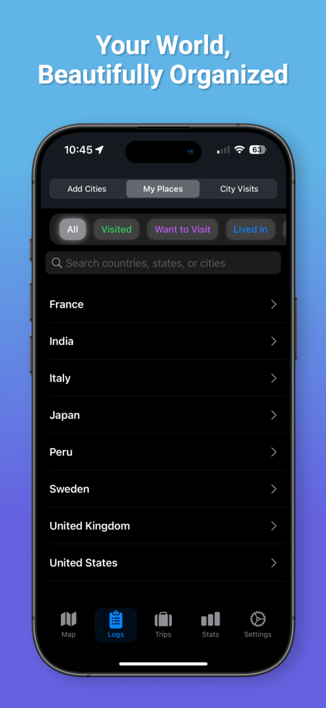 TrekPins - TrekPinsアプリには、旅行ログと訪問によって整理された国リストが表示されます。