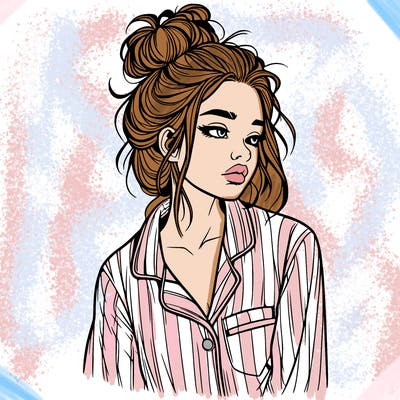 realistic woman with pajamas on and a messy bun