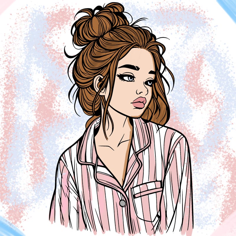 realistic woman with pajamas on and a messy bun