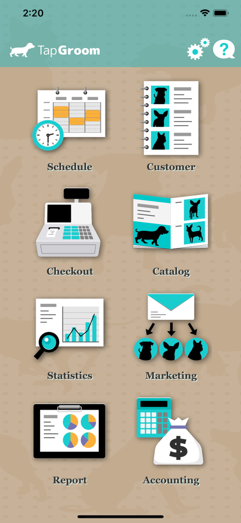 TapGroom - Pet Grooming Salon - TapGroomアプリのメインメニュー。スケジュール、顧客記録、会計などの機能が表示されています
