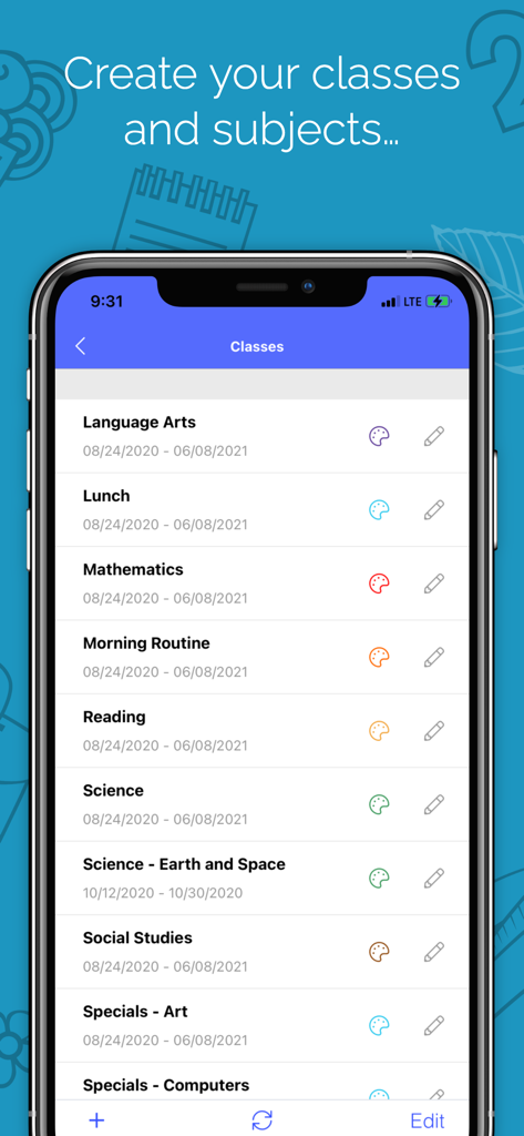 Screenshot of the Planbook Mobile app showing a organized list of school classes and subjects with dates