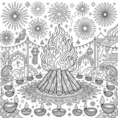 Immerse yourself in the festive spirit of Diwali with this magnificent coloring page. Featuring a grand bonfire, dazzling fireworks, and traditional decor, it's perfect for celebrating the festival of lights.