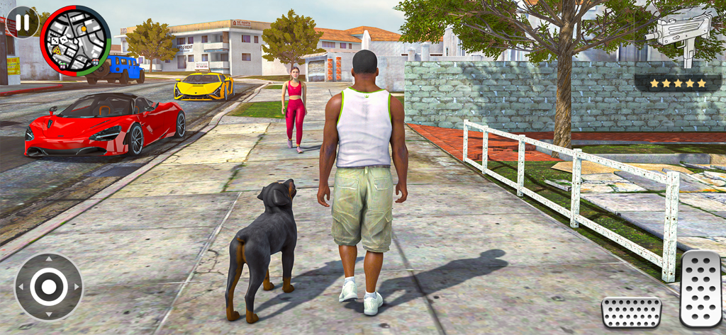 Gameplay von Grand Vegas Crime City, das zeigt, wie eine Figur mit einem Hund an Sportwagen in einer Open-World-Stadt vorbeigeht