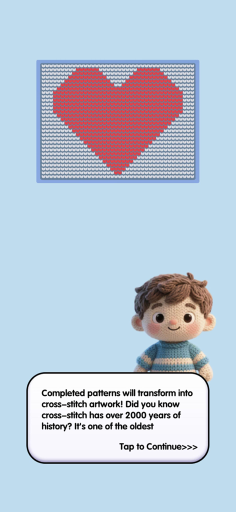 Wool Master 3D - Thread Sort - A cute knitted character with a completed red heart cross-stitch pattern