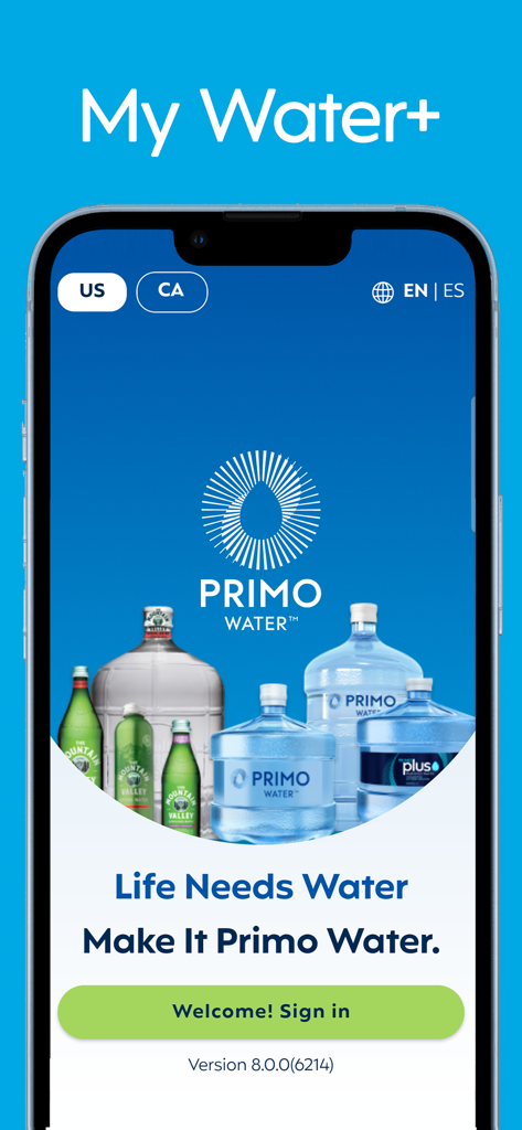 My Water plus app welcome screen showing various Primo Water delivery bottles and a sign in button