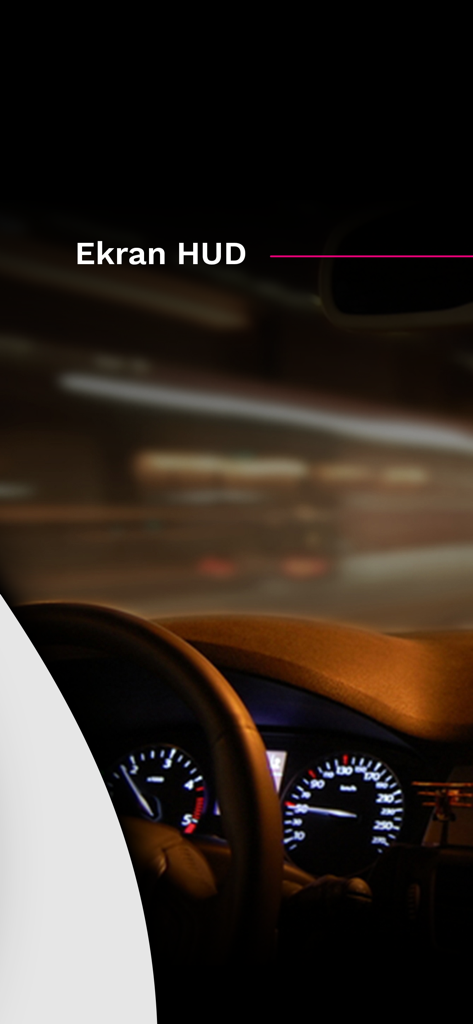 Modo HUD en la aplicación Nawigacja T-Mobile que muestra el salpicadero de un coche por la noche