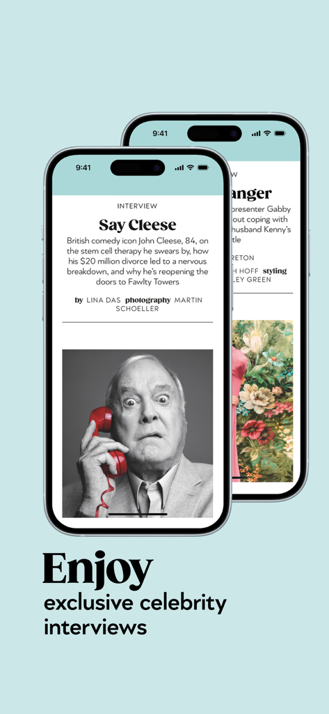 Interfaz de la aplicación Saga Magazine en un smartphone con una entrevista exclusiva a John Cleese