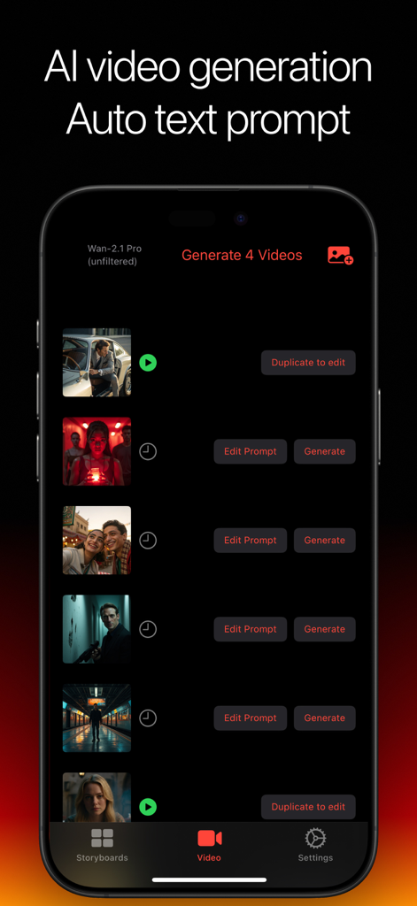 Storyboard Creator AI - Interface do aplicativo móvel Storyboard Creator AI mostrando várias tarefas de geração de vídeo por IA com prompts de texto automáticos e opções de edição profissional.
