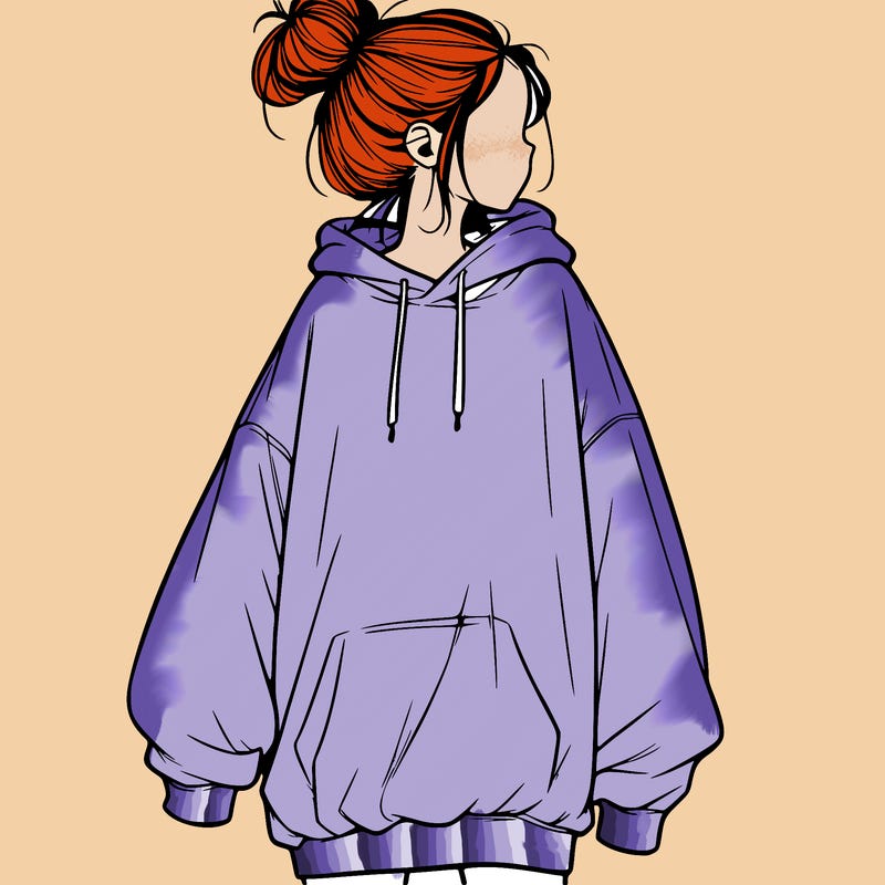 realistic girl with a oversized sweatshirt on and a bun