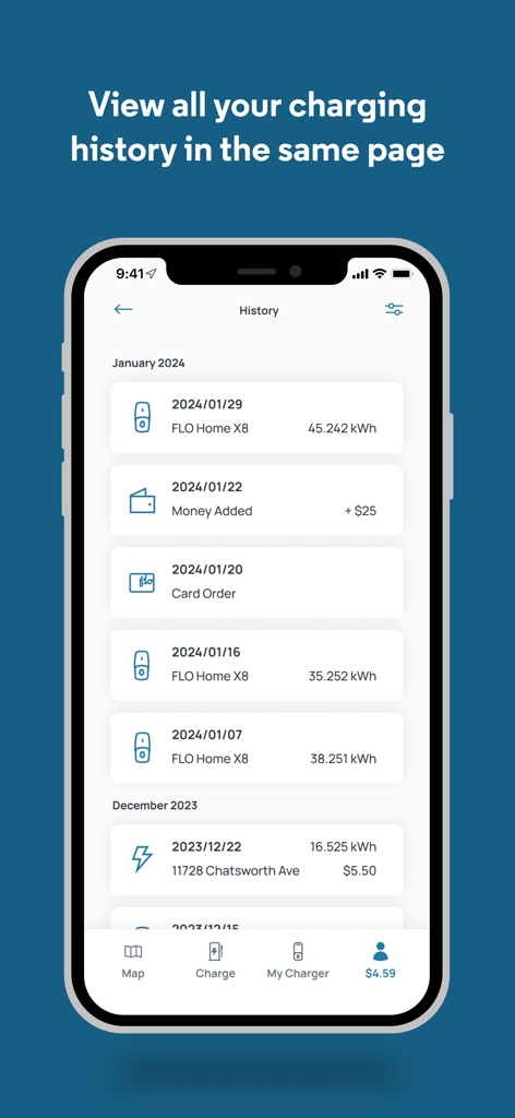 Oberfläche der FLO EV Charging App, die eine detaillierte Historie von Ladevorgängen und Kontotransaktionen zeigt