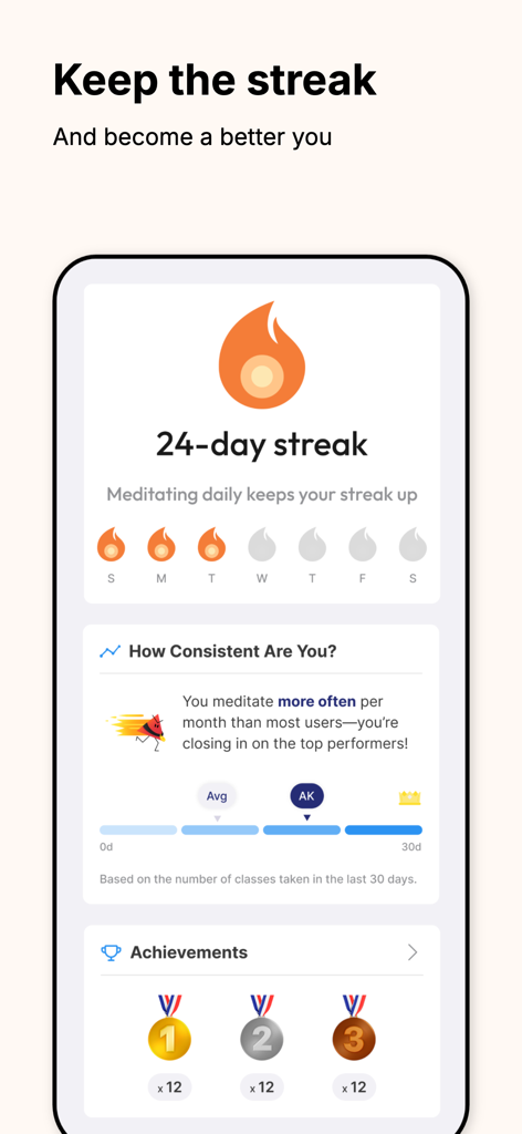 myMentalPal app interface showing a 24-day meditation streak, consistency statistics, and achievement medals.