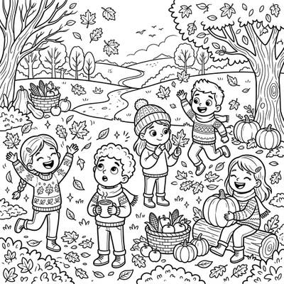 Celebrate the joy of autumn with this enchanting coloring page featuring happy children playing amongst falling leaves. Discover a heartwarming fall harvest scene complete with pumpkins and cozy seasonal elements, perfect for bringing vibrant colors to life.