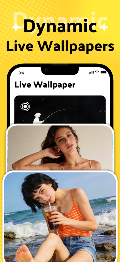 Tela promocional do aplicativo Live Ease mostrando papéis de parede animados dinâmicos para iPhone