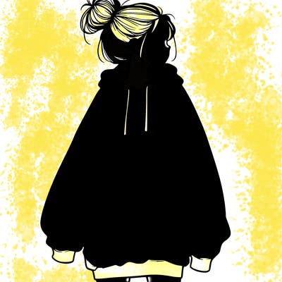 realistic girl with a oversized sweatshirt on and a bun