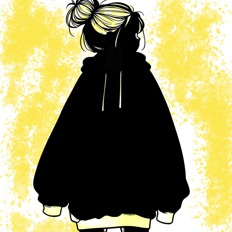 realistic girl with a oversized sweatshirt on and a bun