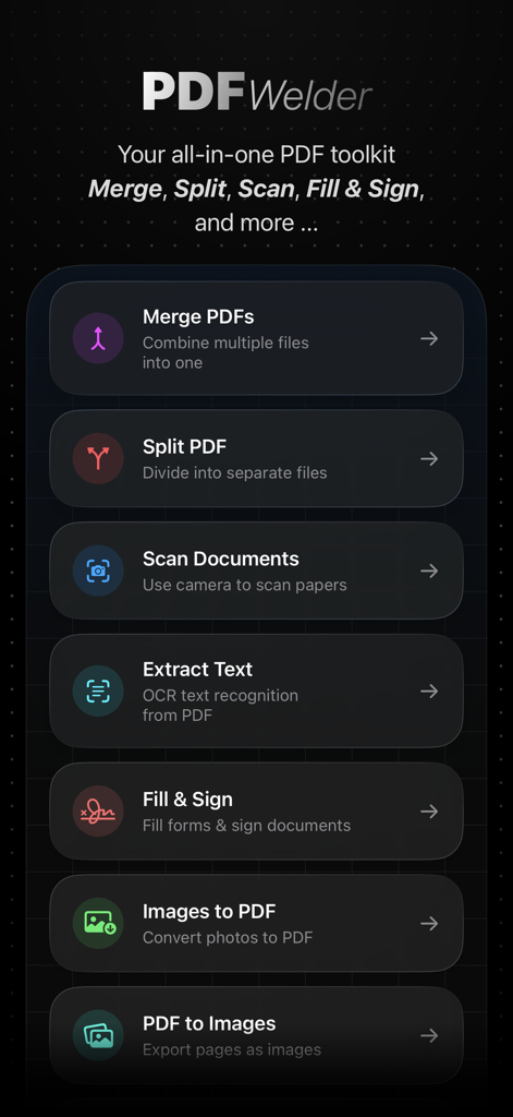 PDFWelder – PDF Merger - PDFWelderモバイルアプリの画面には、PDFの結合、PDFの分割、文書のスキャンなどの機能が表示されています