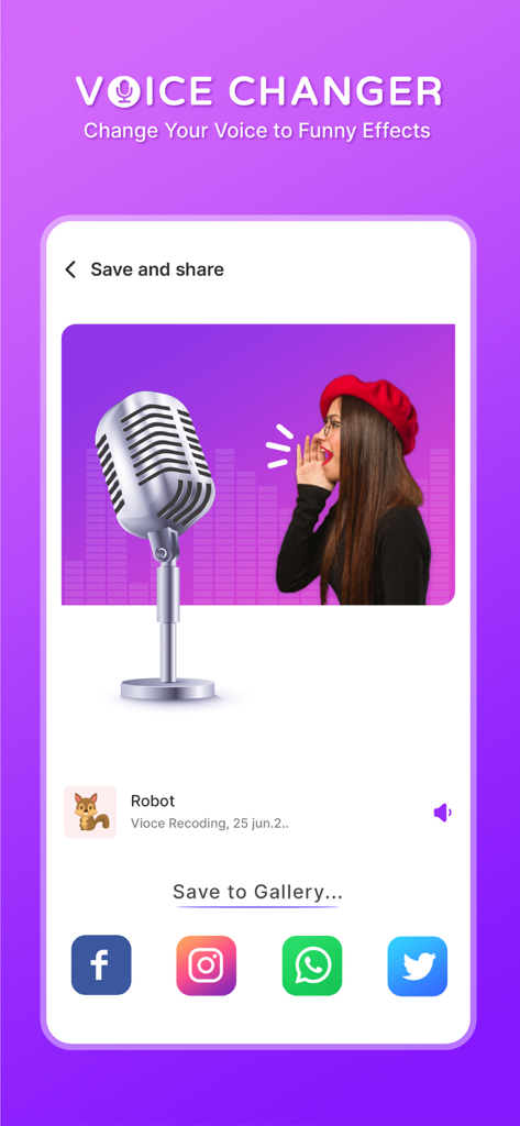 Voice Changer - Voice Effect - Save and share screen of the Voice Changer app featuring social media icons and a robot voice effect
