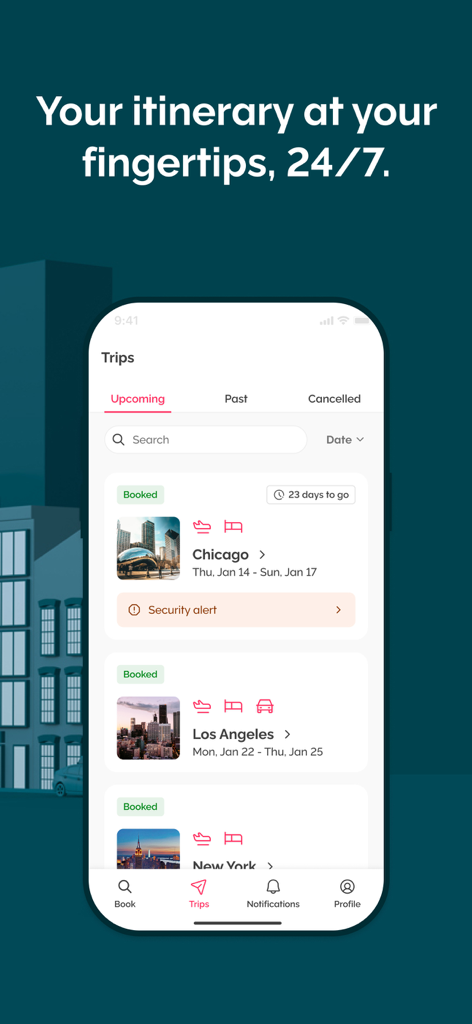 Melon App-Bildschirm mit bevorstehenden Geschäftsreiseplänen und Reisebenachrichtigungen