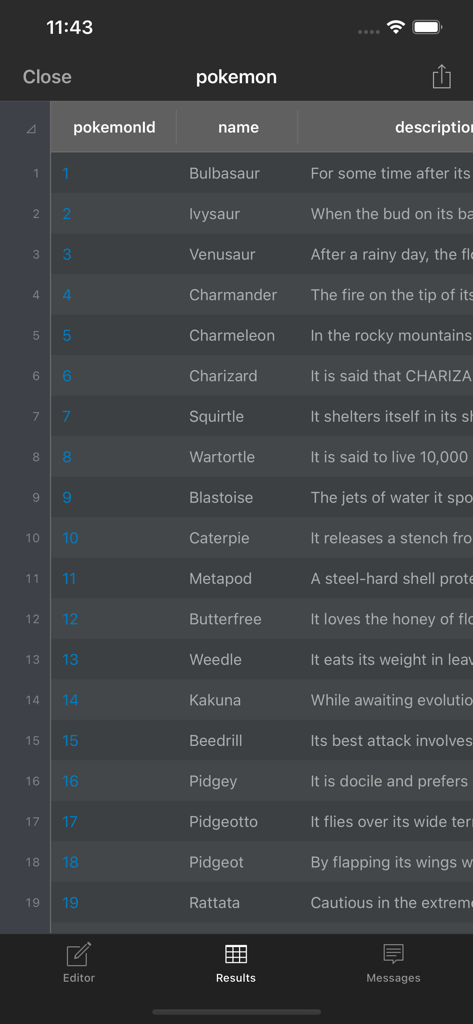 SQLite database client - Interface of the SQLite Database Client showing query results for a pokemon table with columns for ID, name, and description