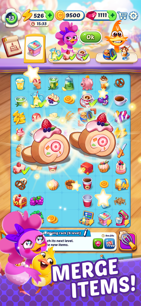 Un tablero de rompecabezas de Merge Cookie Island con varios pasteles y dulces para fusionar