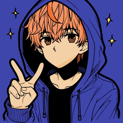 teenage manga boy in a hoodie, doing ✌