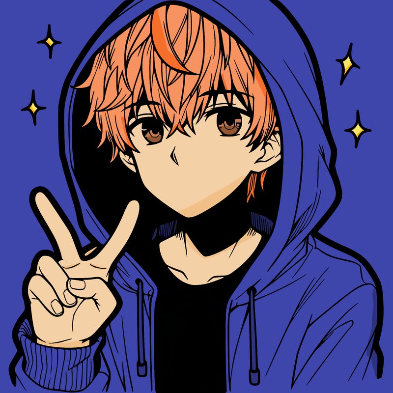 teenage manga boy in a hoodie, doing ✌