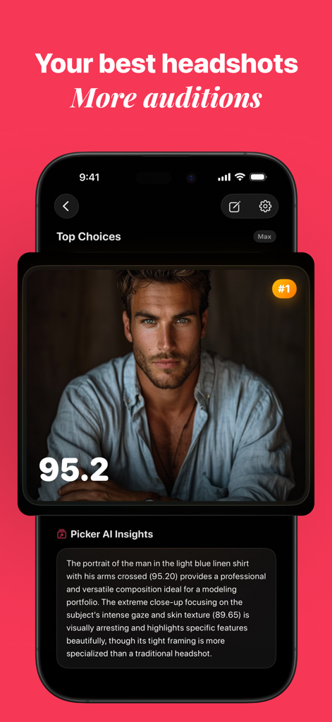 Picker AI - Best Photo Picker - Picker AI analizando un retrato profesional con una puntuación de calidad para audiciones.