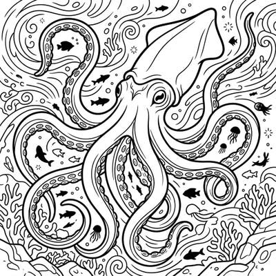 Embark on an epic underwater journey with this intricate giant squid coloring page, perfect for those fascinated by the mysteries of the deep sea. Discover a world of majestic cephalopods and vibrant marine life awaiting your artistic touch.