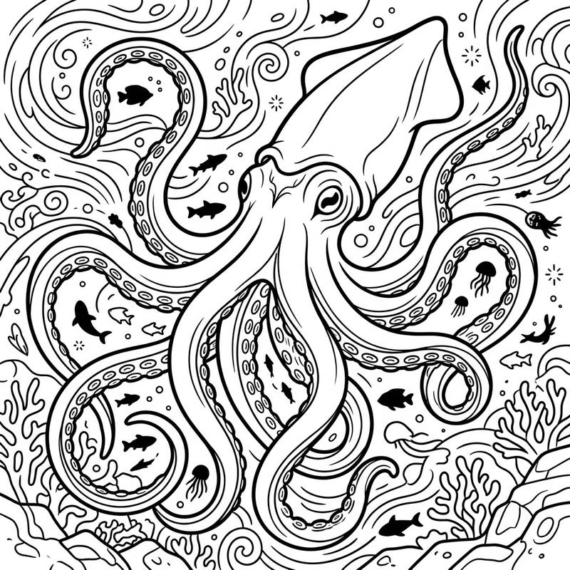 Embark on an epic underwater journey with this intricate giant squid coloring page, perfect for those fascinated by the mysteries of the deep sea. Discover a world of majestic cephalopods and vibrant marine life awaiting your artistic touch.