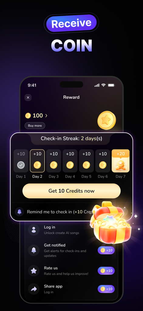 Mintunes: AI Music Generator - The reward interface in the Mintunes app showing daily check-in streaks and coin bonuses for generating AI music