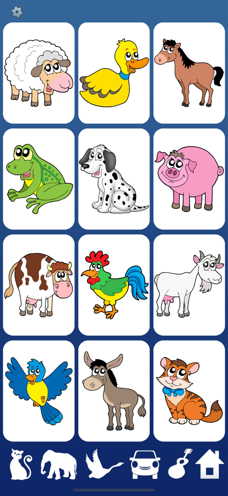 Sound Touch Lite: Flash Cards - Una cuadrícula de coloridas tarjetas de animales de dibujos animados para niños.