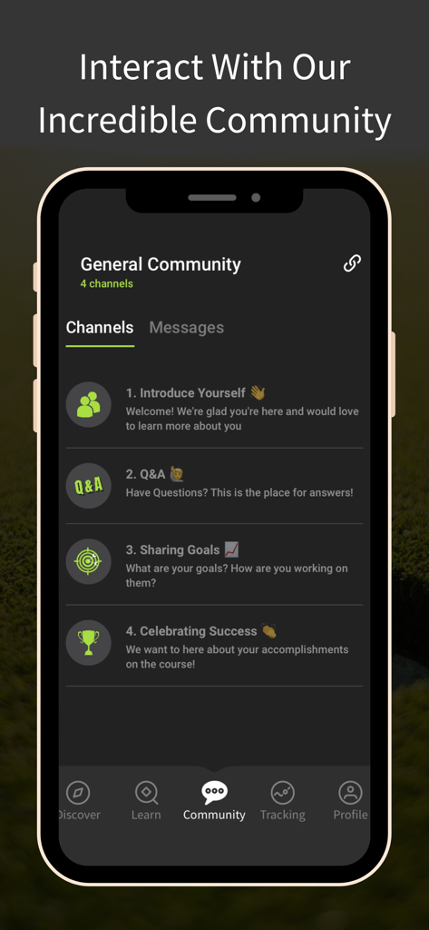 Golf State of Mind app community screen showing discussion channels for Q&A, goals, and success stories.