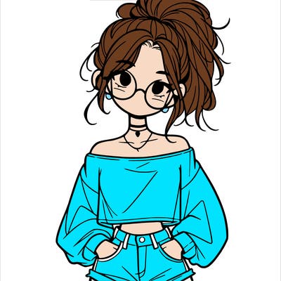 girl with a messy ponytail glasses a baggy crop top and jean shorts