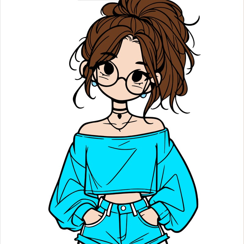 girl with a messy ponytail glasses a baggy crop top and jean shorts
