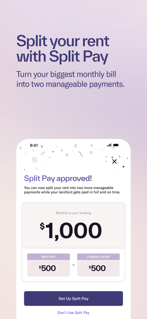 Mobile app screen showing a one thousand dollar rent payment split into two five hundred dollar payments with Split Pay.