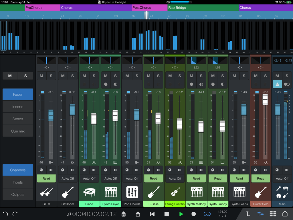Digital mixing console interface of the Studio Pro Remote app showing multi-track faders and transport controls on an iPad