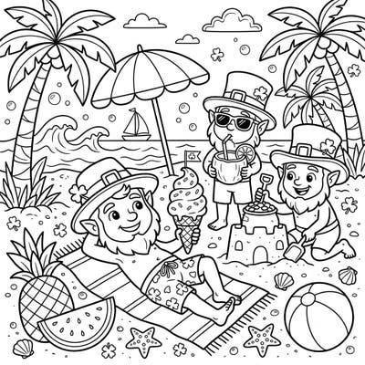 Get ready for a sun-soaked adventure with this delightful coloring page featuring playful leprechauns enjoying their summer beach vacation. Imagine vibrant colors as they relax, build sandcastles, and sip refreshing drinks under the tropical sun.