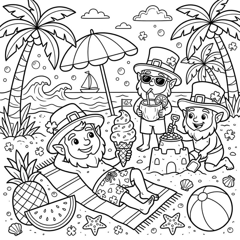 Get ready for a sun-soaked adventure with this delightful coloring page featuring playful leprechauns enjoying their summer beach vacation. Imagine vibrant colors as they relax, build sandcastles, and sip refreshing drinks under the tropical sun.