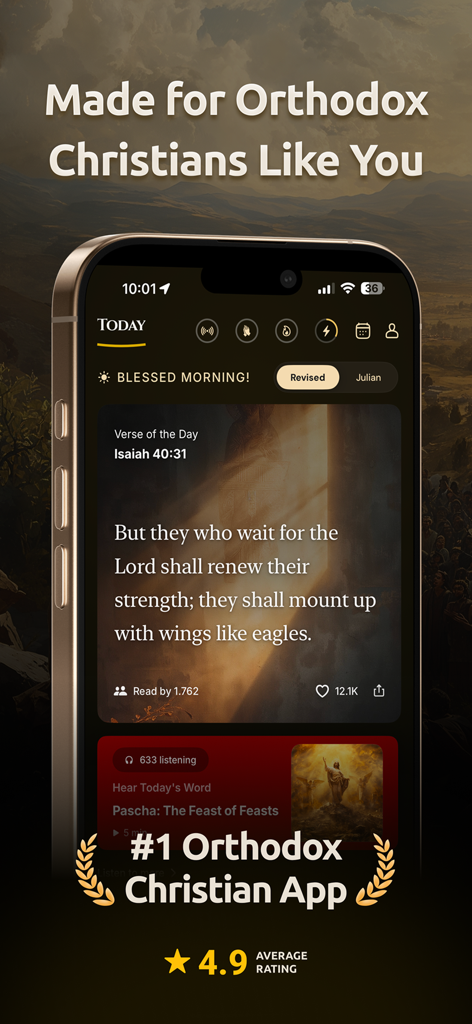 Athon: Orthodox Bible - Athon Orthodox Bible app showing a daily Bible verse from Isaiah on a modern and reverent interface with a 4.9 star rating.