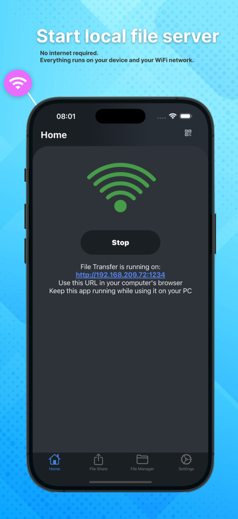 WiFi File Transfer: TECHPRD - La pantalla de inicio de la aplicación Transferencia de Archivos WiFi TECHPRD mostrando un servidor de archivos local en ejecución con una dirección IP.
