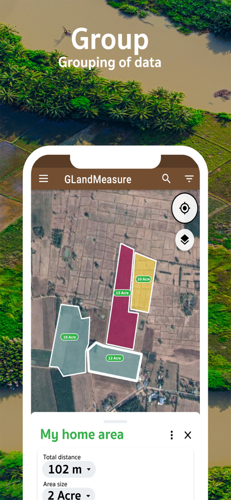 Satellite map view showing multiple land plots grouped and measured in acres using GLand GPS Field Area Measure