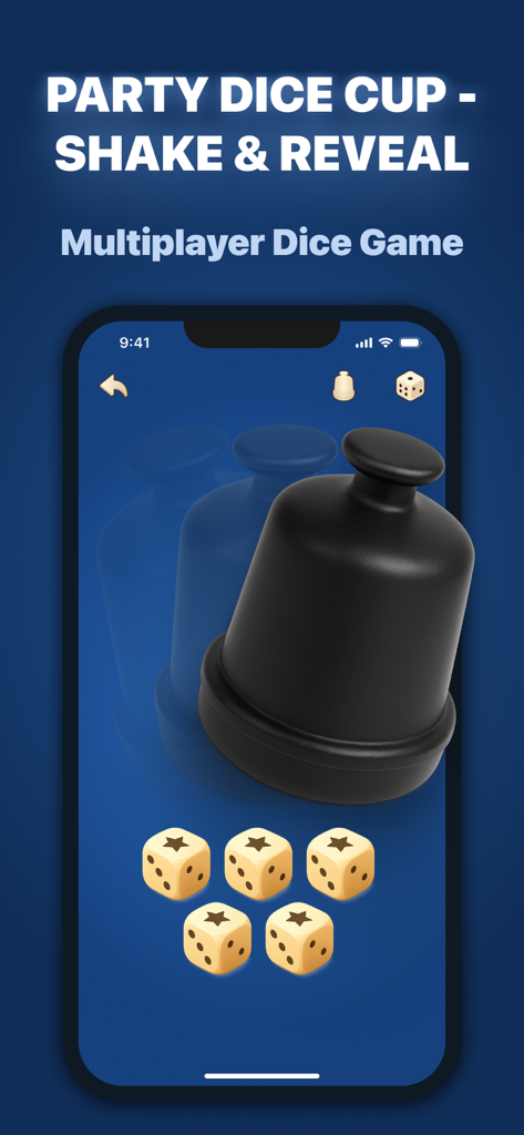 A screenshot of Dice Dice! app featuring a black virtual dice cup and five dice for a multiplayer party game.