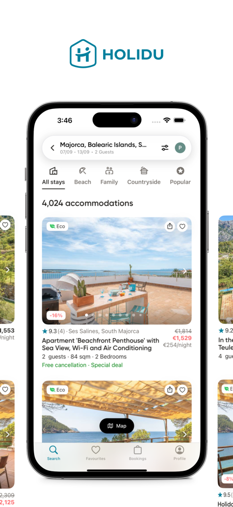 Holidu: Vacation Rentals - スペイン・マヨルカ島のホリデーホームを表示するHoliduバケーションレンタルアプリ